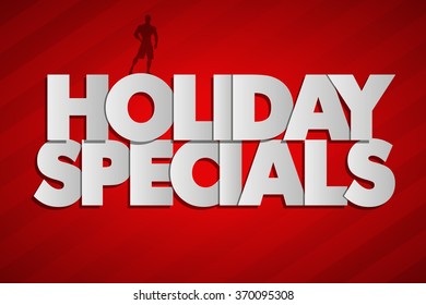 Holiday Specials red banner in pop-art style with the silhouette of a sports man. Vector Illustration background