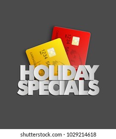 Holiday specials sale & credit bank card banner. Abstract advertising background plastic card icon. Advertising discount poster. online banking tag flyer, Promotional internet shopping sale brochure
