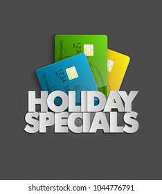 Holiday specials sale & credit bank card banner. Abstract advertising background plastic card icon. Advertising discount poster. online banking tag flyer, Promotional internet shopping sale brochure
