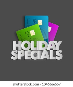 Holiday specials sale & credit bank card banner. Abstract advertising background plastic card icon. Advertising discount poster. online banking tag flyer, Promotional internet shopping sale brochure