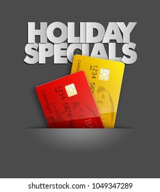 Holiday specials sale & credit bank card banner. Abstract advertising background plastic card icon. Advertising discount poster. online banking tag flyer, Promotional internet shopping sale brochure