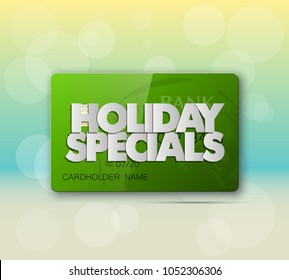 Holiday specials sale & credit bank card banner. Abstract advertising background plastic card icon. Advertising discount poster. online banking tag flyer, Promotional internet shopping sale brochure