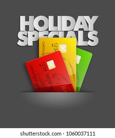 Holiday specials sale & credit bank card banner. Abstract advertising background plastic card icon. Advertising discount poster. online banking tag flyer, Promotional internet shopping sale brochure