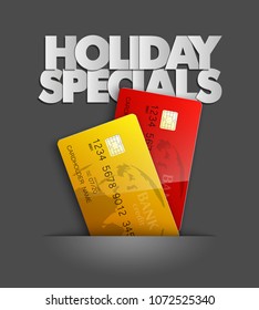 Holiday specials sale & credit bank card banner. Abstract advertising background plastic card icon. Advertising discount poster. online banking tag flyer, Promotional internet shopping sale brochure