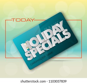 Holiday specials sale & credit bank card banner. Abstract advertising background plastic card icon. Advertising discount poster. online banking tag flyer, Promotional internet shopping sale brochure