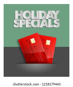 Holiday Specials Sale & Credit Bank Card Banner. Abstract Advertising Background Plastic Card Icon. Advertising Discount Poster. Online Banking Tag Flyer, Promotional Internet Shopping Sale Brochure