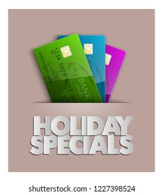 Holiday specials sale & credit bank card banner. Abstract advertising background plastic card icon. Advertising discount poster. online banking tag flyer, Promotional internet shopping sale brochure
