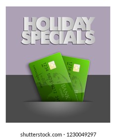 Holiday specials sale & credit bank card banner. Abstract advertising background plastic card icon. Advertising discount poster. online banking tag flyer, Promotional internet shopping sale brochure