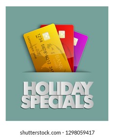 Holiday specials sale & credit bank card banner. Abstract advertising background plastic card icon. Advertising discount poster. online banking tag flyer, Promotional internet shopping sale brochure