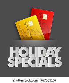 Holiday specials sale & credit bank card banner. Abstract advertising background plastic card icon. Advertising discount poster. online banking tag flyer, Promotional internet shopping sale brochure