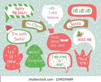 Holiday speech bubbles set with christmas greetings: merry christmas, happy holiday, let it snow etc. Vector illustration.