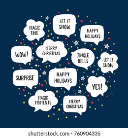 Holiday speech bubbles set with christmas greetings: merry christmas, happy holiday, let it snow etc. Vector illustration in circle on blue background with gold stars