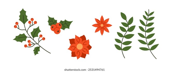 Holiday spirit with holly poinsettia and leaves flat color vector objects set. Christmas magic floral decorations illustrations pack on white