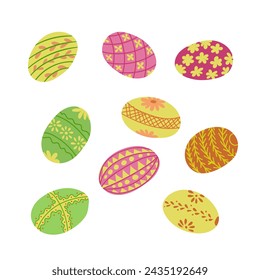 Holiday spring collection of Easter eggs in pastel colors. Flat hand drawn elements on white background. Ideal for decoration, stickers, greetings, banner and background