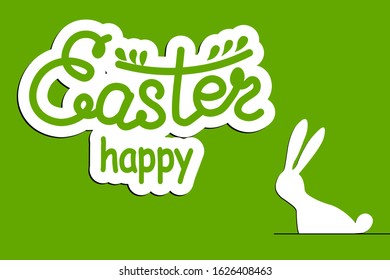 Holiday spring green background with cute white Easter rabbit and text Happy Easter. Template design for invitation, poster, card. Vector illustration. Doodle style. Copy space. 