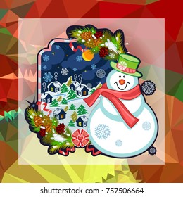 Holiday square christmas card with funny snowman and snowing landscape on a colorful mosaic background. Can be used as a greeting ecard for instagram and other social networks. Vector clip art.