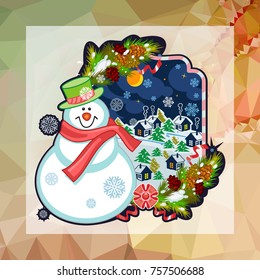 Holiday square christmas card with funny snowman and snowing landscape on a colorful mosaic background. Can be used as a greeting ecard for instagram and other social networks. Vector clip art.