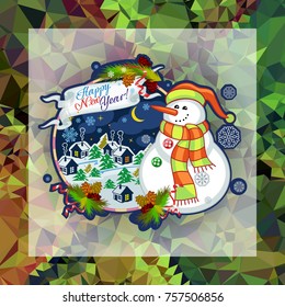 Holiday square christmas card with funny snowman and snowing landscape on a colorful mosaic background. Can be used as a greeting ecard for instagram and other social networks. Vector clip art.