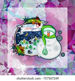 Holiday square christmas card with funny snowman and snowing landscape on a colorful mosaic background. Can be used as a greeting ecard for instagram and other social networks. Vector clip art.
