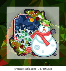 Holiday square christmas card with funny snowman and snowing landscape on a colorful mosaic background. Can be used as a greeting ecard for instagram and other social networks. Vector clip art.