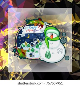 Holiday square christmas card with funny snowman and snowing landscape on a colorful mosaic background. Can be used as a greeting ecard for instagram and other social networks. Vector clip art.