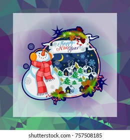 Holiday square christmas card with funny snowman and snowing landscape on a colorful mosaic background. Can be used as a greeting ecard for instagram and other social networks. Vector clip art.