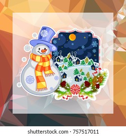 Holiday square christmas card with funny snowman and snowing landscape on a colorful mosaic background. Can be used as a greeting ecard for instagram and other social networks. Vector clip art.