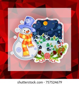 Holiday square christmas card with funny snowman and snowing landscape on a colorful mosaic background. Can be used as a greeting ecard for instagram and other social networks. Vector clip art.