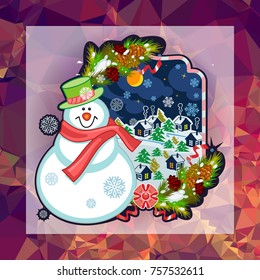 Holiday square christmas card with funny snowman and snowing landscape on a colorful mosaic background. Can be used as a greeting ecard for social networks. Vector clip art.