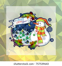Holiday square christmas card with funny snowman and snowing landscape on a colorful mosaic background. Can be used as a greeting ecard for social networks. Vector clip art.