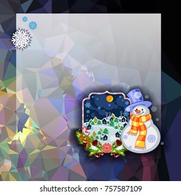 Holiday square christmas card with funny snowman and winter village landscape on a colorful mosaic background. Copy space. Can be used as a greeting ecard for social networks. Vector clip art.