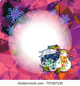 Holiday square christmas card with funny snowman and winter village landscape on a colorful mosaic background. Copy space. Can be used as a greeting ecard for social networks. Vector clip art.
