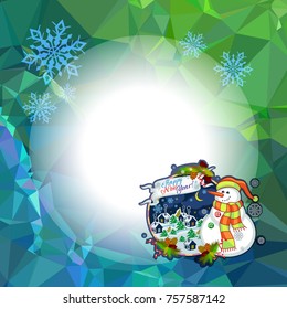 Holiday square christmas card with funny snowman and winter village landscape on a colorful mosaic background. Copy space. Can be used as a greeting ecard for social networks. Vector clip art.