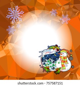 Holiday square christmas card with funny snowman and winter village landscape on a colorful mosaic background. Copy space. Can be used as a greeting ecard for social networks. Vector clip art.