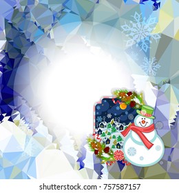 Holiday square christmas card with funny snowman and winter village landscape on a colorful mosaic background. Copy space. Can be used as a greeting ecard for social networks. Vector clip art.