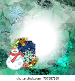 Holiday square christmas card with funny snowman and winter village landscape on a colorful mosaic background. Copy space. Can be used as a greeting ecard for social networks. Vector clip art.