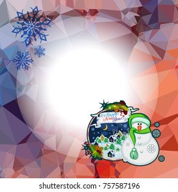 Holiday square christmas card with funny snowman and winter village landscape on a colorful mosaic background. Copy space. Can be used as a greeting ecard for social networks. Vector clip art.