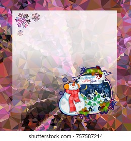 Holiday square christmas card with funny snowman and winter village landscape on a colorful mosaic background. Copy space. Can be used as a greeting ecard for social networks. Vector clip art.