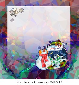 Holiday square christmas card with funny snowman and winter village landscape on a colorful mosaic background. Copy space. Can be used as a greeting ecard for social networks. Vector clip art.
