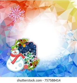 Holiday square christmas card with funny snowman and winter village landscape on a colorful mosaic background. Copy space. Can be used as a greeting ecard for social networks. Vector clip art.