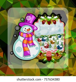 Holiday square christmas card with funny snowman and winter village landscape on a colorful mosaic background. Greeting card. Vector clip art.