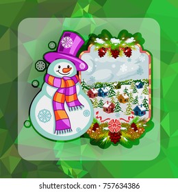Holiday square christmas card with funny snowman and winter village landscape on a colorful mosaic background. Greeting card. Vector clip art.