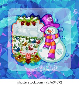 Holiday square christmas card with funny snowman and winter village landscape on a colorful mosaic background. Greeting card. Vector clip art.