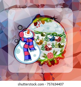 Holiday square christmas card with funny snowman and winter village landscape on a colorful mosaic background. Greeting card. Vector clip art.