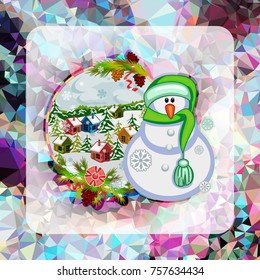 Holiday square christmas card with funny snowman and winter village landscape on a colorful mosaic background. Greeting card. Vector clip art.