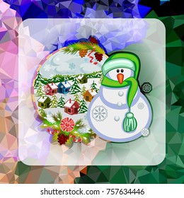 Holiday square christmas card with funny snowman and winter village landscape on a colorful mosaic background. Greeting card. Vector clip art.