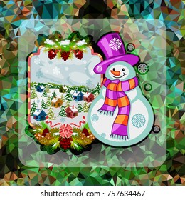 Holiday square christmas card with funny snowman and winter village landscape on a colorful mosaic background. Greeting card. Vector clip art.