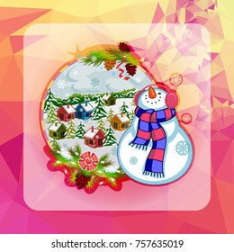 Holiday square christmas card with funny snowman and winter village landscape on a colorful mosaic background. Can be used as a greeting ecard for social networks. Vector clip art.