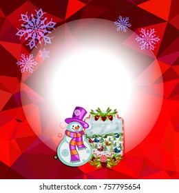 Holiday square christmas card with funny snowman and winter village landscape on a colorful mosaic background. Copy space. Can be used as a greeting ecard for social networks. Vector clip art.