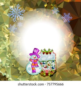 Holiday square christmas card with funny snowman and winter village landscape on a colorful mosaic background. Copy space. Can be used as a greeting ecard for social networks. Vector clip art.